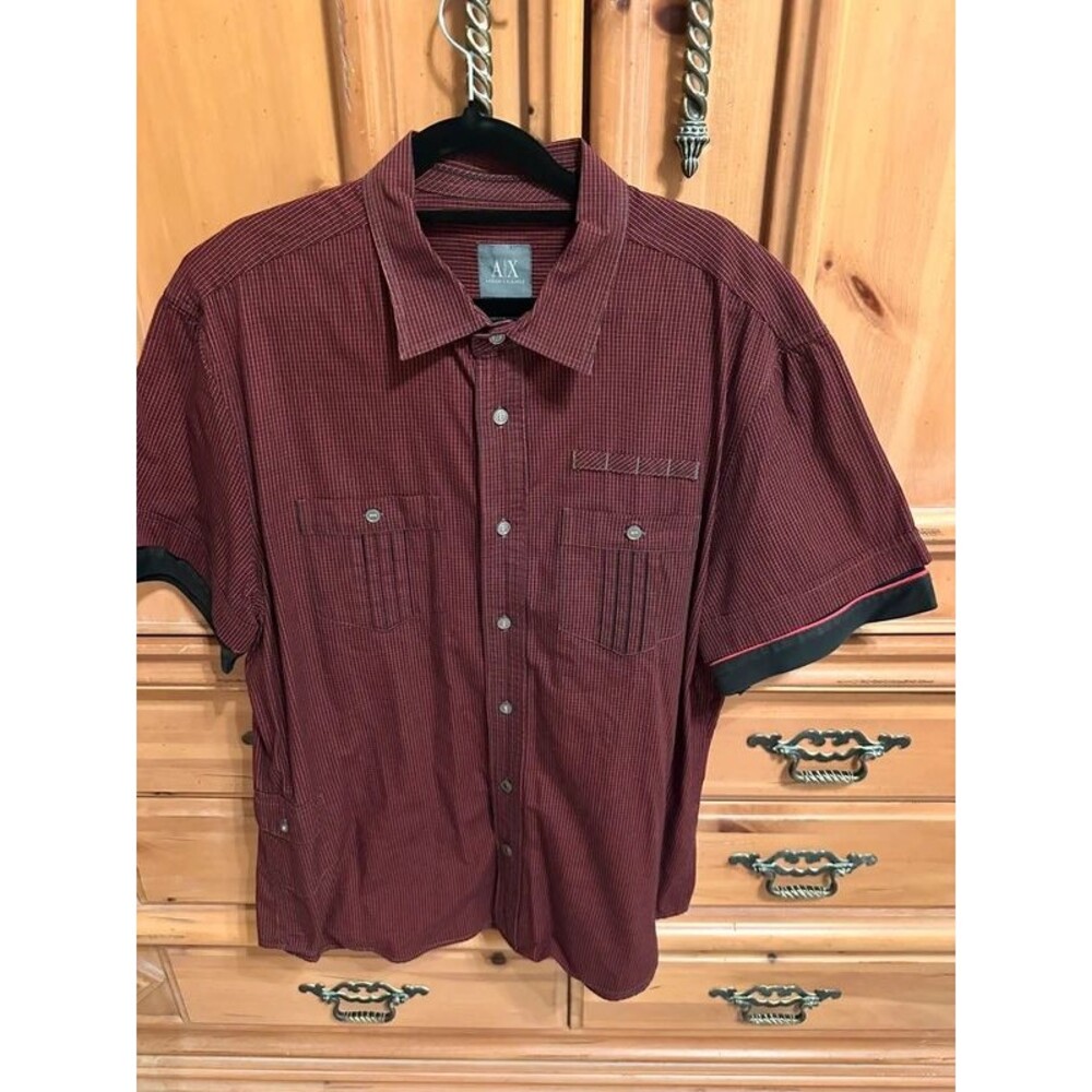Men’s A/X Armani Exchange red and navy short sleeve shirt. Size large.